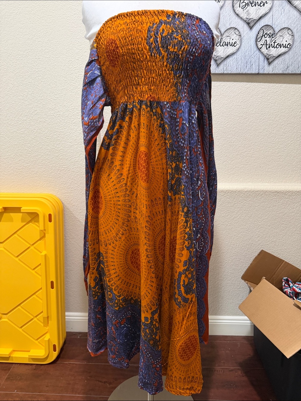 Smocked Strapless Maxi Dress in Orange and Navy
